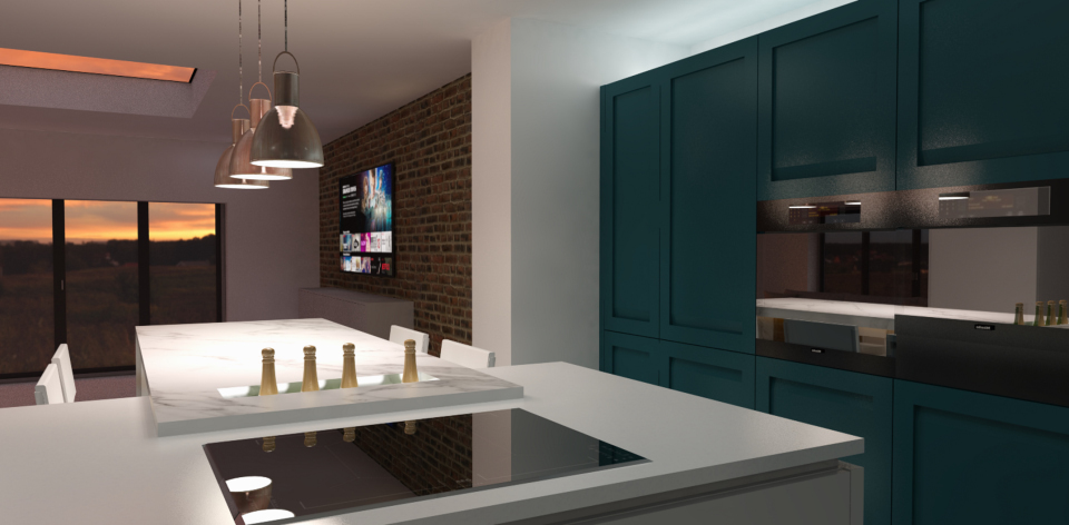 A mixture of cool and warm soft lighting in this party kitchen at night