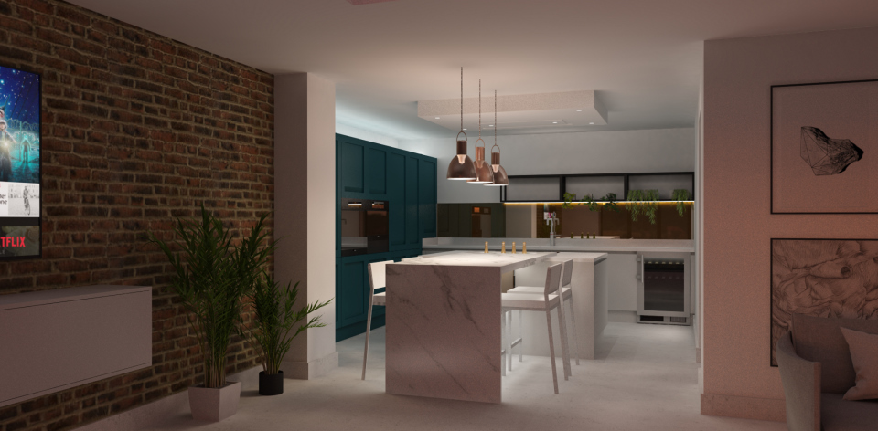 Party kitchen at night, a mixture of cool and warm soft lighting