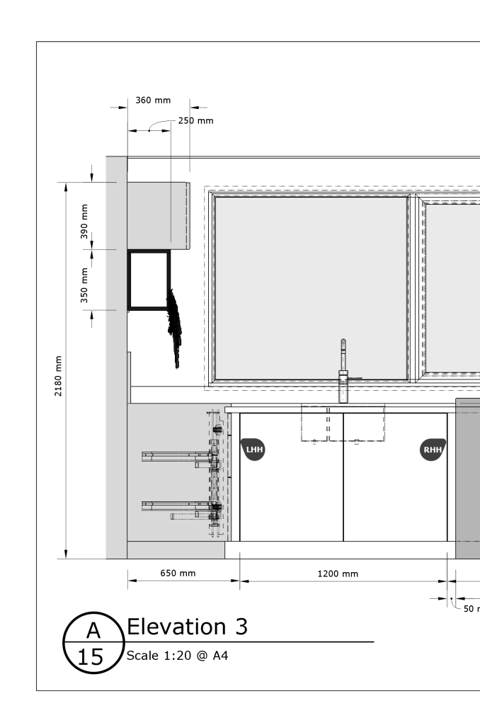 Kitchen design, detailed drawing. Cross section of elevation with dimensions and annotations 
