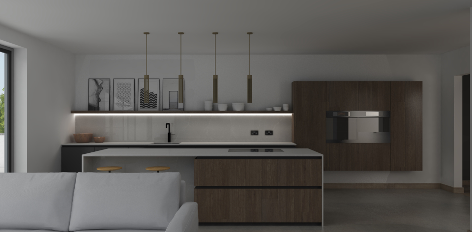 Front view of kitchen with floating ovens and refrigeration