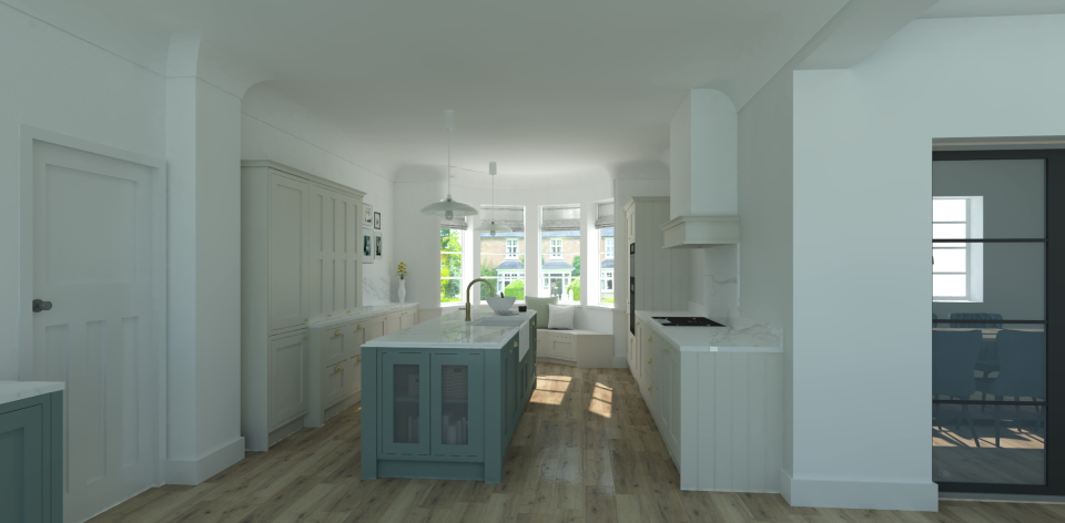 Kitchen dresser, island and hob with large canopy