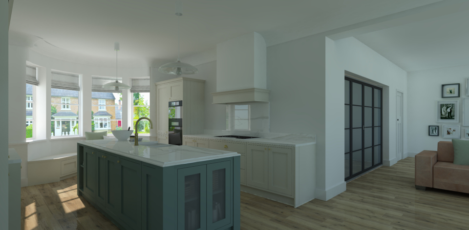 Kitchen island with glass fronted cabinets