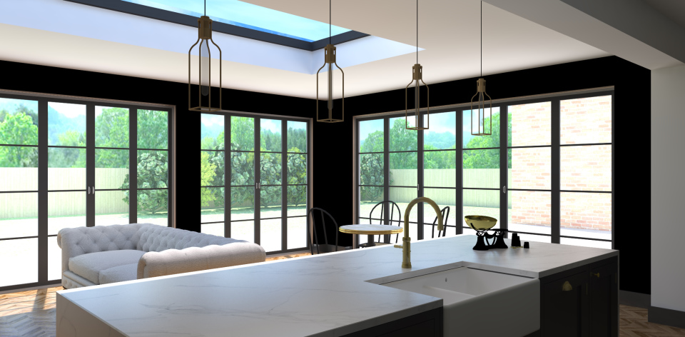 Double bowl Belfast sink & gold Quooker Tap