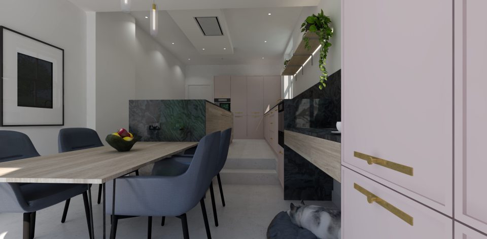 Split level kitchen, with dusky pink doors