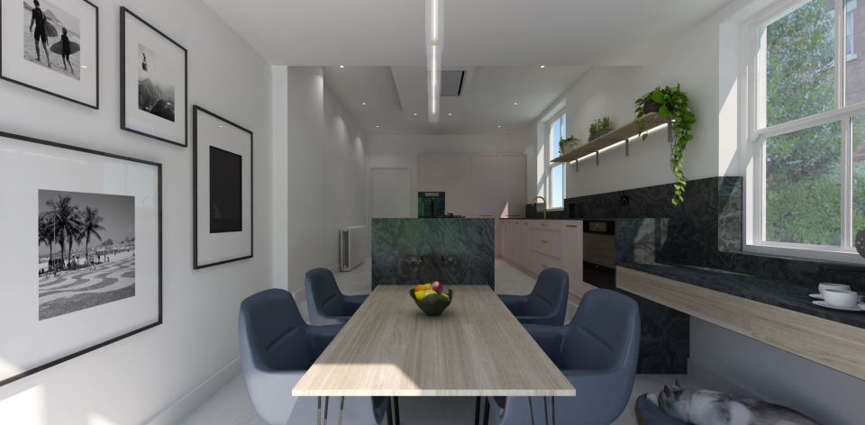 Scandinavian dusky pink kitchen. Two tier Island